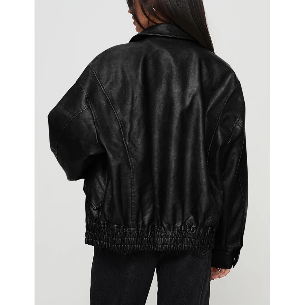 Women's Faux Leather Motorcycle Jacket Oversized Zip Up Winter Outerwear Black - Picture 2 of 6